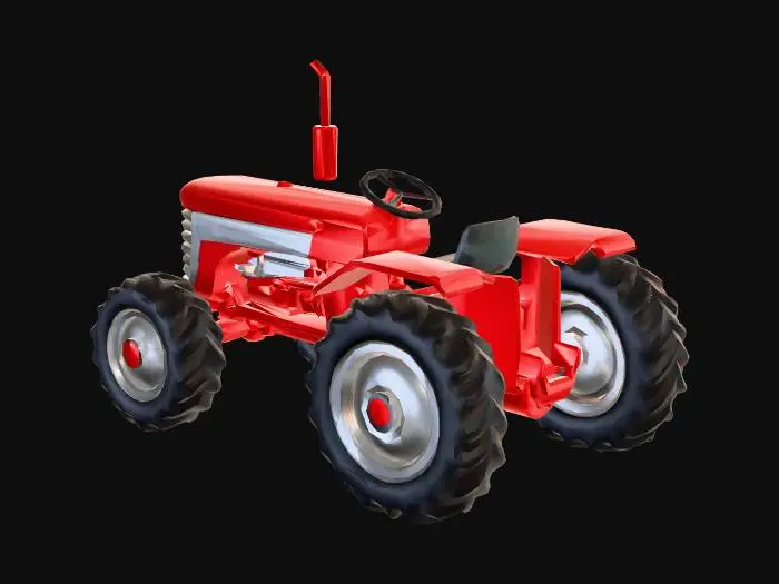 3D model for Erstelle ein 3D-Modell eines stilisierten, glatten Farm-Traktors. Der Stil soll extrem vereinfacht, abgerundet ('chunky') und niedlich sein, kein scharfkantiges realistisches Low Poly. Der Traktor ist hauptsächlich leuchtend rot, mit einem vereinfachten grauen Motorblock, silbernem Kühlergrill und sehr großen, glatten, klobigen schwarzen Reifen mit einfachen grauen Felgen. Keine komplexen oder gemalten Texturen, keine Verläufe; verwende ausschließlich saubere, flache Farben. Das Design soll freundlich und toy-like wirken, optimiert für ein Casual-Mobile-Game mit hoher Lesbarkeit auf kleinen Bildschirmen. Einzelnes, sauberes Mesh ohne interne Geometrie, bereit für Game Development.