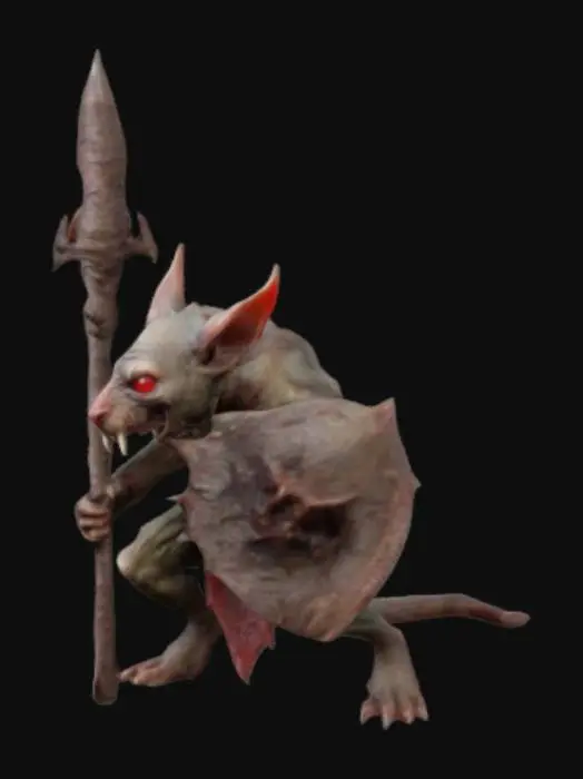 3D model for Warhammer Fantasy Skaven grotesque, rat-like humanoid creature with long, sparsely furred bodies, mottled brown or grey color, their faces are pointed with beady, red eyes, large sharp incisors protruding from their jaws; they have long, scaly tails and their limbs are spindly with clawed hands and feet, heavily armored often covered in grime and disease; tattered hooded robes and plague-infested halberd with triangular spikey shields, short hole infested capes drape their backs.