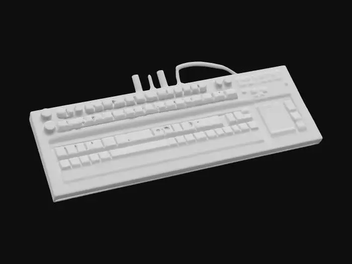 3D model for Un large clavier synthétiseur futuriste complexe; (rouge vif, violet néon, jaune flash, violet foncé métallisé).
