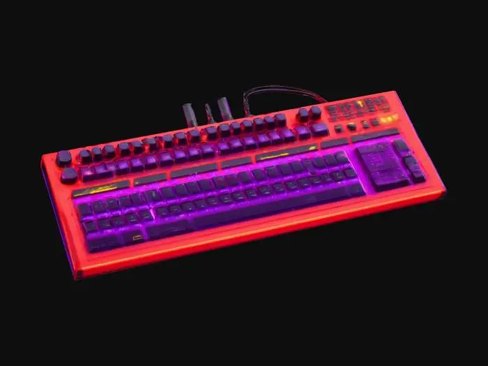 3D model for Un large clavier synthétiseur futuriste complexe; (rouge vif, violet néon, jaune flash, violet foncé métallisé).