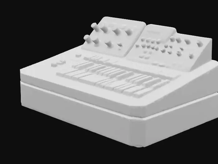 3D model for Un large clavier synthétiseur futuriste complexe; (rouge vif, violet néon, jaune flash, violet foncé métallisé).