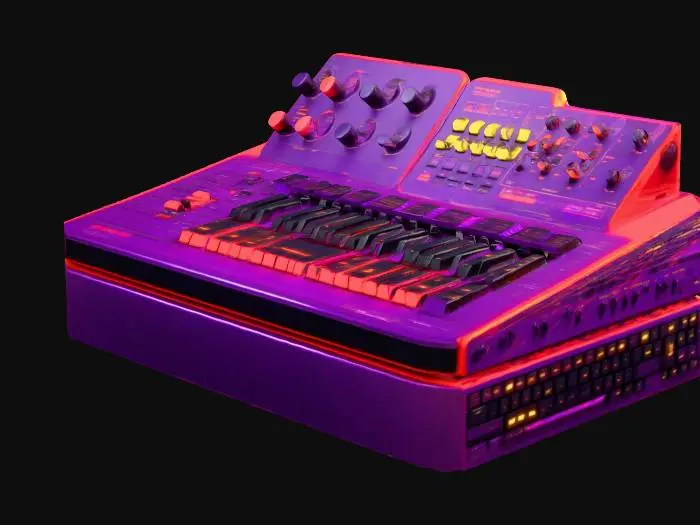 3D model for Un large clavier synthétiseur futuriste complexe; (rouge vif, violet néon, jaune flash, violet foncé métallisé).