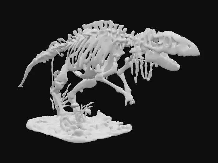 3D model for Un squelette de dinosaure aux ossements jaunis, recouverts de plantes grimpantes et de grands champignons. , #PBR#