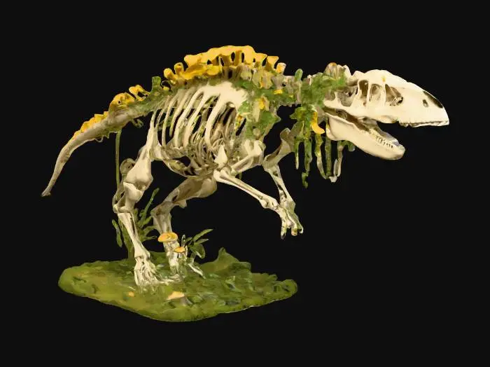 3D model for Un squelette de dinosaure aux ossements jaunis, recouverts de plantes grimpantes et de grands champignons. , #PBR#
