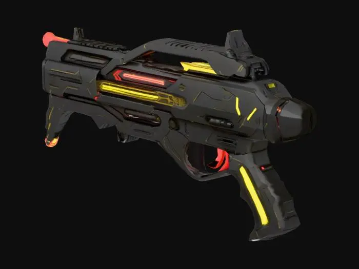 3D model for Un long fusil cybernétique futuriste en métal noir avec des rayures jaunes et 2 poignée rouge fluo