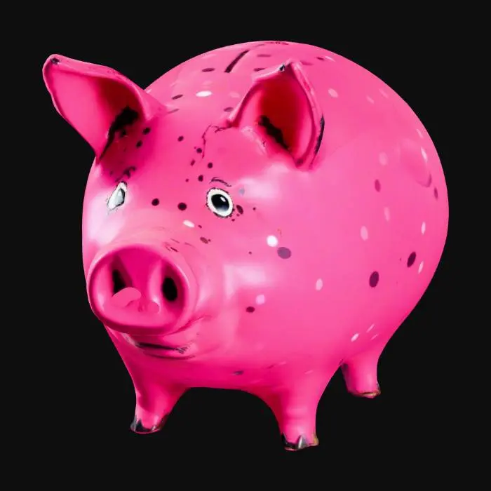 3D model for a large, ugly piggy bank, bright pink, spotted with pale pink, with black hairs, being cracked on the back underside