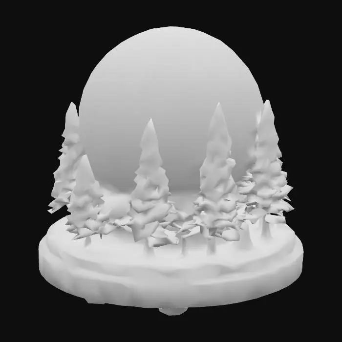 3D model for Une boite à musique tournante sur un socle; le socle est décoré de maquettes: de chalets, de sapins recouverts de neige, et de montagnes enneigées.