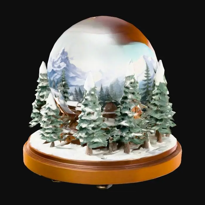 3D model for Une boite à musique tournante sur un socle; le socle est décoré de maquettes: de chalets, de sapins recouverts de neige, et de montagnes enneigées.