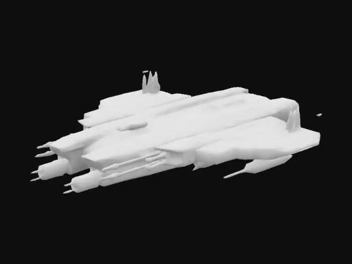 3D model for starship carrier box-formed, medium size, no planes, three engines on back, eight laser beam turrets, three missile launchers, no windows, with one launch in-out dock, orientated to view from front