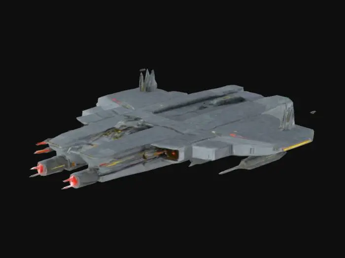3D model for starship carrier box-formed, medium size, no planes, three engines on back, eight laser beam turrets, three missile launchers, no windows, with one launch in-out dock, orientated to view from front