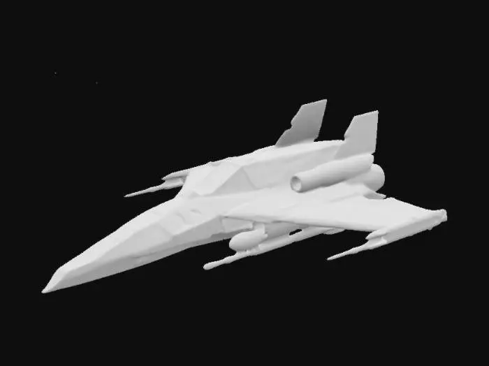 3D model for starfighter box-formed, small size, one plane, one engine on back, two laser beam turrets, one missile launcher, one windowed cabin on top plane, without launch docks, orientated to view from front