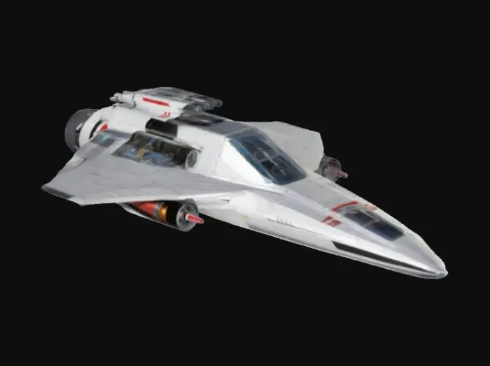 3D model for starfighter box-formed, small size, one plane, one engine on back, two laser beam turrets, one missile launcher, one windowed cabin on top plane, without launch docks, orientated to view from front