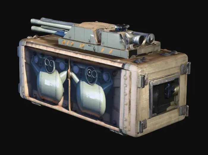 3D model for two aircraft cannons integrated inside box, size of box x:y:z=100:100:40, one aircraft cannon on one side and second on opposite side, both oriented in one horizontal direction, unreal engine 4