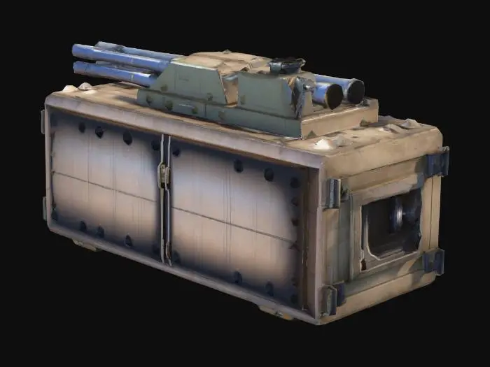 3D model for two aircraft cannons integrated inside box, size of box x:y:z=100:100:40, one aircraft cannon on one side and second on opposite side, both oriented in one horizontal direction, unreal engine 4