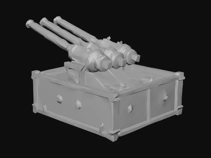 3D model for two aircraft cannons integrated inside box, size of box x:y:z=100:100:40, one aircraft cannon on one side and second on opposite side, both oriented in one horizontal direction, unreal engine 4