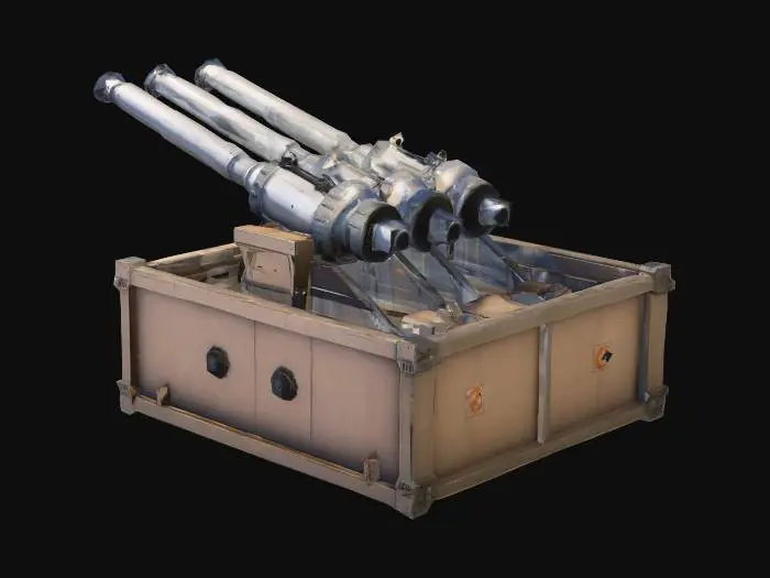 3D model for two aircraft cannons integrated inside box, size of box x:y:z=100:100:40, one aircraft cannon on one side and second on opposite side, both oriented in one horizontal direction, unreal engine 4