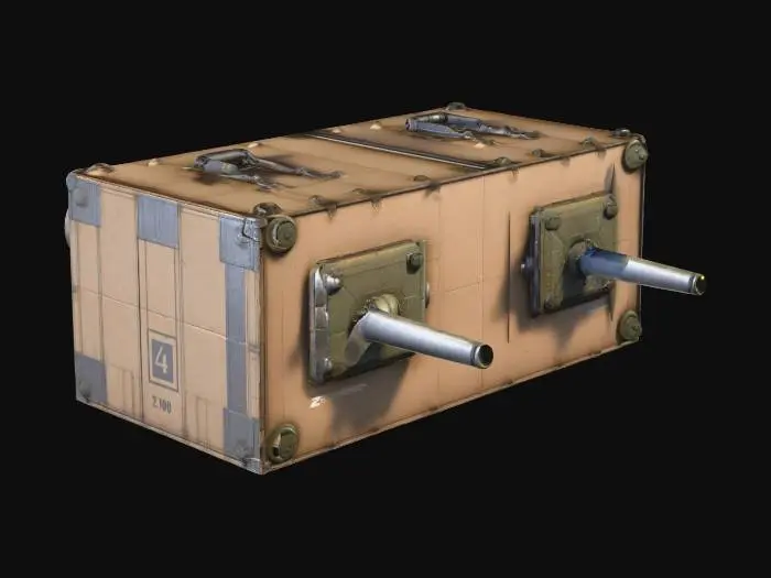 3D model for two aircraft cannons integrated inside box, one aircraft cannon on one side and second on opposite side, size of box x:y:z=100:100:40, both oriented in one horizontal direction, unreal engine 4