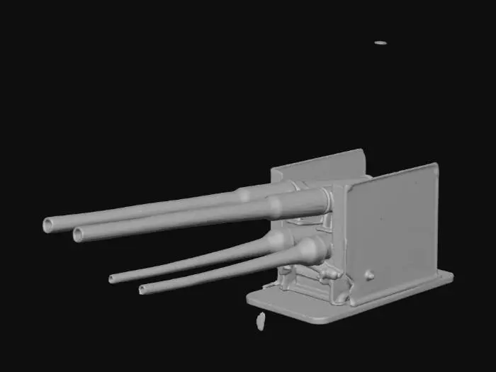 3D model for two aircraft cannons integrated inside box, one aircraft cannon on one side and second on opposite side, size of box x:y:z=100:100:40, both oriented in one horizontal direction, unreal engine 4
