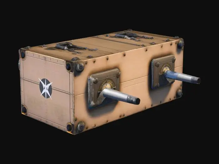 3D model for two aircraft cannons integrated inside box, one aircraft cannon on one side and second on opposite side, size of box x:y:z=100:100:40, both oriented in one horizontal direction, unreal engine 4