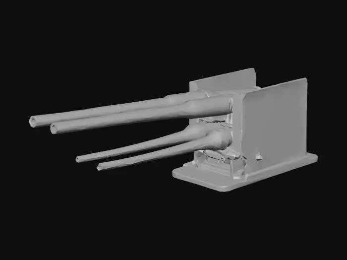3D model for two aircraft cannons integrated inside box, one aircraft cannon on one side and second on opposite side, size of box x:y:z=100:100:40, both oriented in one horizontal direction, unreal engine 4