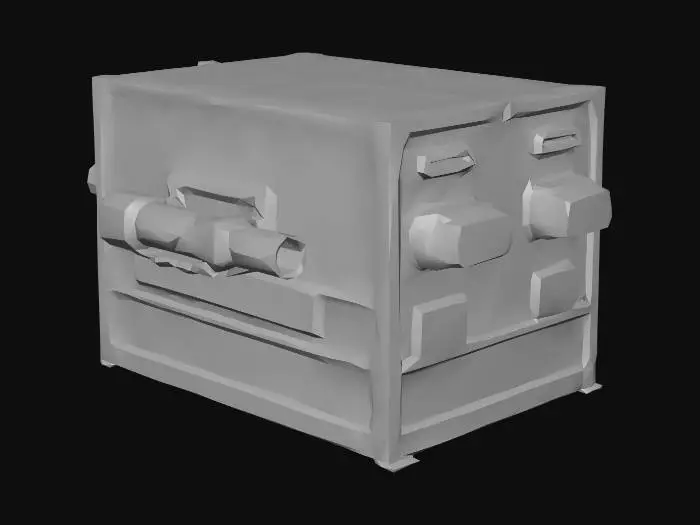 3D model for two aircraft rocket launchers without rockets in it integrated inside box, one on one side and second on opposite side, both oriented in one horizontal direction, size of box x:y:z=100:100:40, unreal engine 4