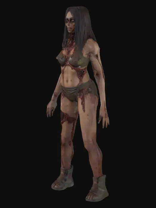 3D model for female zombie brown skin half rotten wounded left breast bikini with two toned legs Unreal Engine 4 A-Pose single person