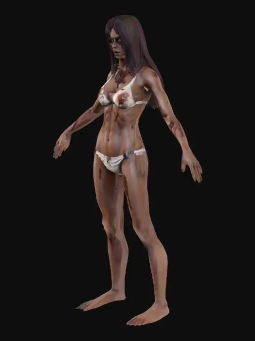 3D model for female zombie brown skin wounded top left side bikini with two toned legs Unreal Engine 4 A-Pose single person