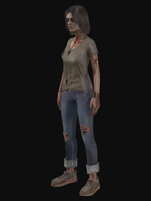 3D model for female zombie brown skin wounded top left side city's casual clothing with two toned legs Unreal Engine 4 A-Pose single person