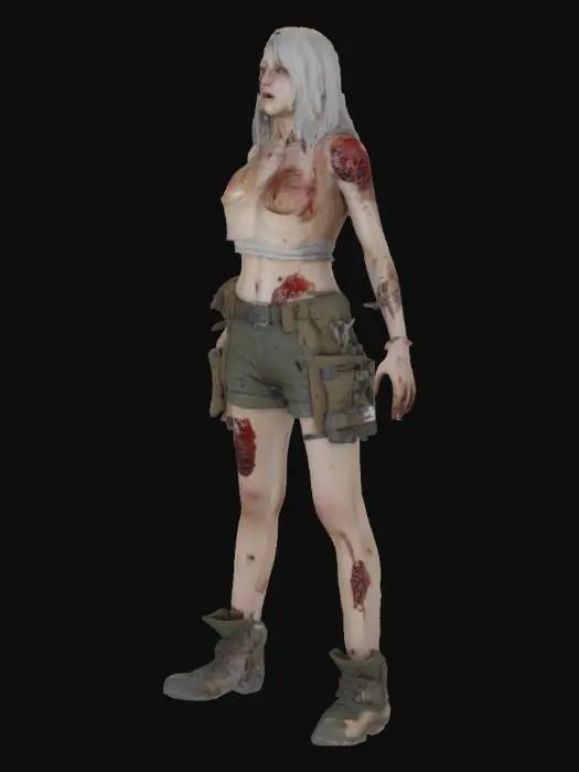 3D model for japan female zombie white skin little rotten wounded right breast military style with two toned legs Unreal Engine 4 A-Pose single person
