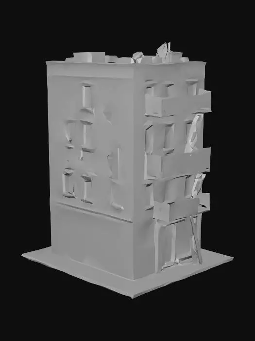 3D model for modern bricks building, height of 5 stages, only external walls with windows and base floor and roof, without any insides; with roof filled with objects; Unreal Engine 4