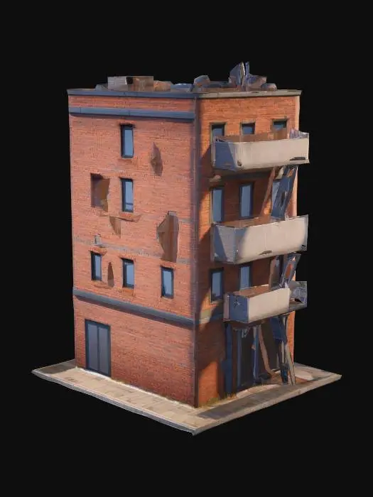 3D model for modern bricks building, height of 5 stages, only external walls with windows and base floor and roof, without any insides; with roof filled with objects; Unreal Engine 4