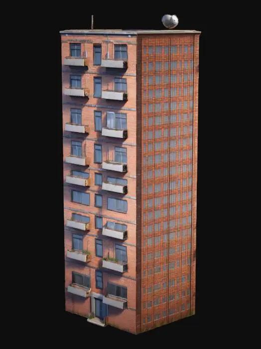 3D model for one vertical wall of modern bricks building of height by 9 stages, with sparse low amount of windows and rarely conditioners and satellite antennas; no generating buildings itself!; Unreal Engine 4