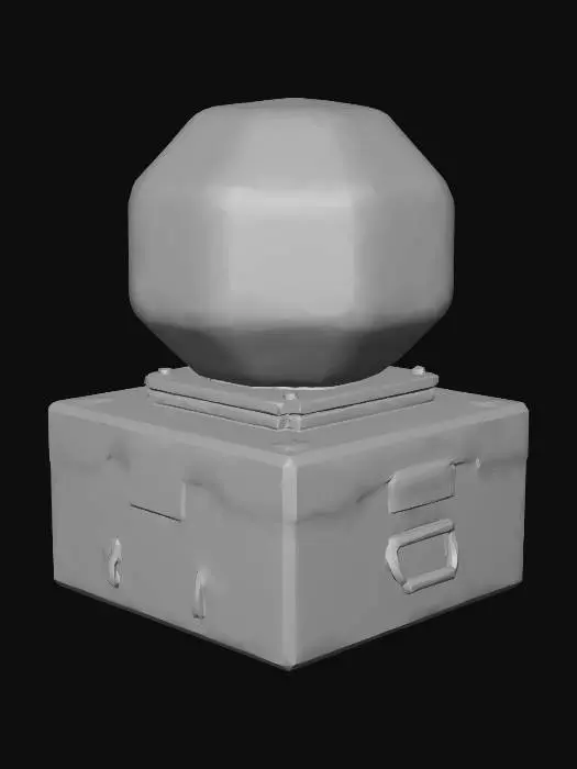 3D model for hexagon non-mobile nuclear warhead on top of full closed box, oriented in horizontal direction, size of box x:y:z=100:100:40, unreal engine 4