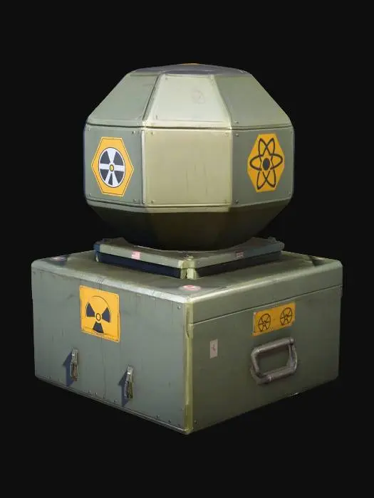 3D model for hexagon non-mobile nuclear warhead on top of full closed box, oriented in horizontal direction, size of box x:y:z=100:100:40, unreal engine 4