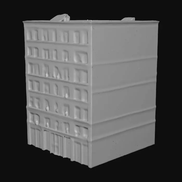 3D model for modern bricks building, height of 5 stages, only external walls with windows and base floor and roof, without any insides; with roof filled with objects; Unreal Engine 4