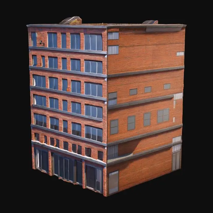 3D model for modern bricks building, height of 5 stages, only external walls with windows and base floor and roof, without any insides; with roof filled with objects; Unreal Engine 4