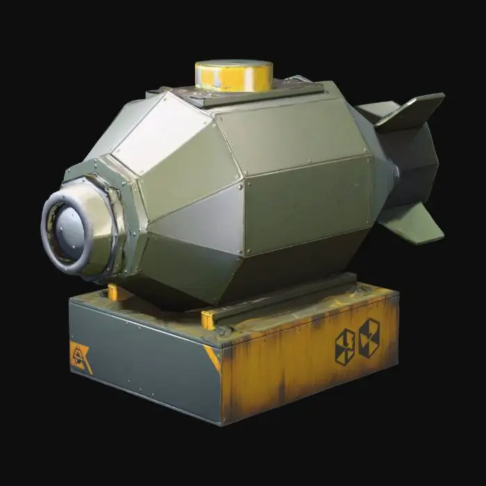 3D model for hexagon non-mobile nuclear warhead on top of full closed box, oriented in horizontal direction, size of box x:y:z=100:100:40, unreal engine 4