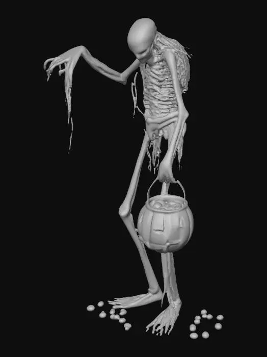 3D model for Una criatura alta y delgada, negra y con harapos,, extremidades anormalmente largas,, sosteniendo una cesta con forma de calabaza llena de caramelos