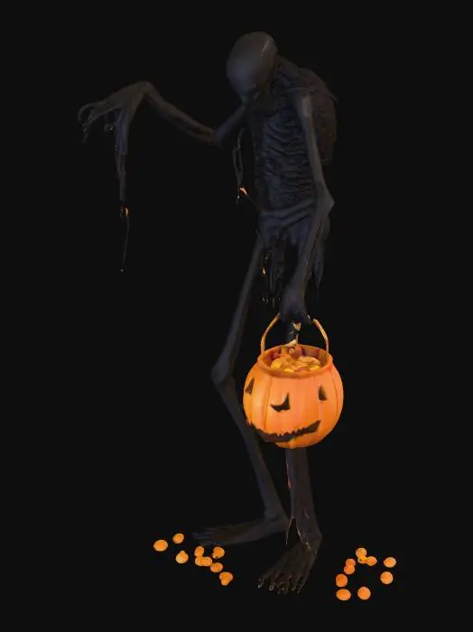 3D model for Una criatura alta y delgada, negra y con harapos,, extremidades anormalmente largas,, sosteniendo una cesta con forma de calabaza llena de caramelos