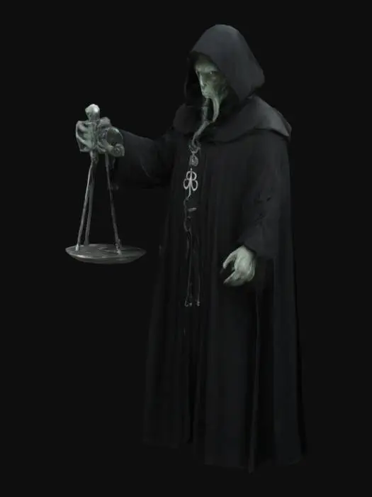 3D model for O Juiz é uma figura alta e imponente, vestindo um manto negro com símbolos esotéricos em prata. Seu rosto é pálido e sem expressão, parcialmente oculto pelo capuz profundo. Ele segura uma balança de metal antigo.
Cthulhu, Estilizado, Recursos de Jogo, Altamente Detalhado, Assustador, Pose em A, Corpo Inteiro