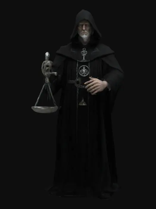 3D model for O Juiz é uma figura alta e imponente, vestindo um manto negro com símbolos esotéricos em prata. Seu rosto é pálido e sem expressão, parcialmente oculto pelo capuz profundo. Ele segura uma balança de metal antigo.
Cthulhu, Estilizado, Recursos de Jogo, Altamente Detalhado, Assustador, Pose em A, Corpo Inteiro