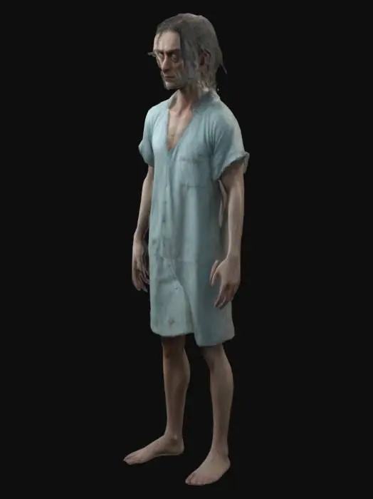 3D model for Um homem magro com olhos fundos e olheiras, vestindo um pijama de hospital desbotado. Seu cabelo é despenteado, a pele é pálida, quase translúcida. , Proporcional, Altamente Detalhado, Ultrarrealista, Confuso, Pose em A, Corpo Inteiro