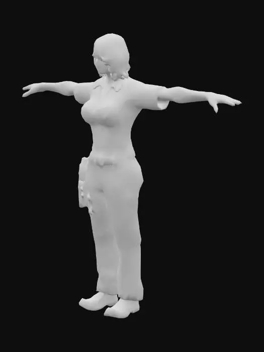 3D model for Uma mulher atlética, de porte firme, com cabelo curto e escuro. Ela usa um uniforme azul escuro e um rádio preso ao cinto. Suas expressões são duras e autoritárias, sempre pronta para agir rapidamente. , Ultrarrealista, Altamente Detalhado, Pose em A, Corpo Inteiro, Corpo Simétrico