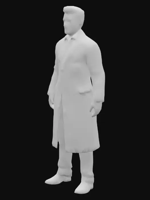 3D model for Um homem alto e esguio, com cabelo castanho penteado para trás. Ele veste um jaleco azul claro e luvas de látex. Seu rosto é sem expressão, mas seus olhos parecem frios e calculistas. , Altamente Detalhado, Ultrarrealista, Pose em A,  Corpo Inteiro, Corpo Simétrico