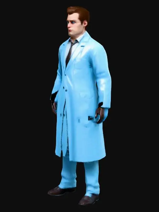 3D model for Um homem alto e esguio, com cabelo castanho penteado para trás. Ele veste um jaleco azul claro e luvas de látex. Seu rosto é sem expressão, mas seus olhos parecem frios e calculistas. , Altamente Detalhado, Ultrarrealista, Pose em A,  Corpo Inteiro, Corpo Simétrico