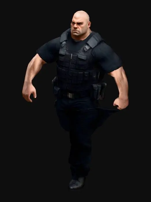 3D model for Um homem corpulento e musculoso, com uma expressão severa. Ele veste um uniforme preto e colete à prova de balas, com um cinto cheio de equipamentos de segurança. Seu olhar é atento e desconfiado. Altamente Detalhado, Ultrarrealista, Rústico, Pose em A, Corpo Inteiro, Corpo Simétrico
