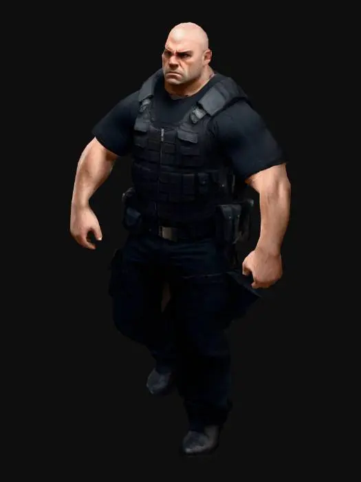 3D model for Um homem corpulento e musculoso, com uma expressão severa. Ele veste um uniforme preto e colete à prova de balas, com um cinto cheio de equipamentos de segurança. Seu olhar é atento e desconfiado. Altamente Detalhado, Ultrarrealista, Rústico, Pose em A, Corpo Inteiro, Corpo Simétrico