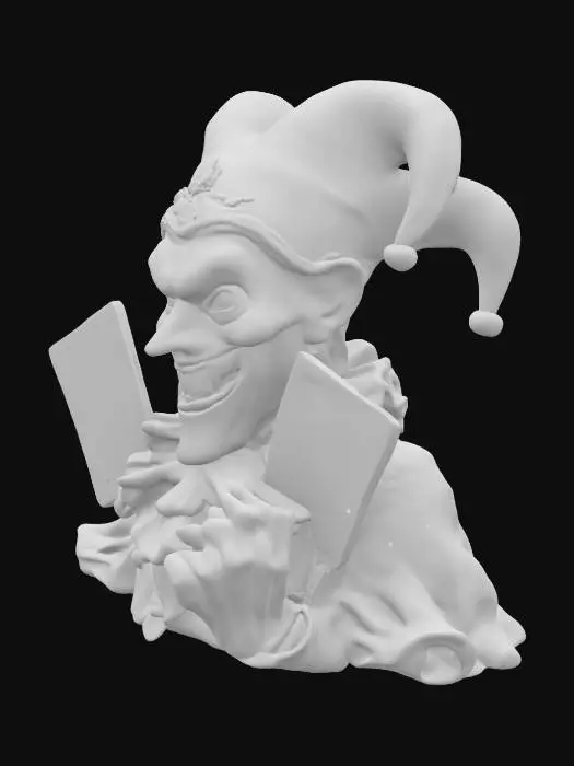 3D model for Create a dark and sinister 3D jester statue. The jester has a wide, unsettling grin, wears a traditional jester hat, and a ruffled collar. It holds two oversized playing cards: the ace of clubs and the ace of spades. The statue’s weathered surface is richly detailed with realistic textures, giving it a hyper-realistic look. The lighting is low and dramatic, with warm orange light illuminating the cards, highlighting the shadows and textures of the statue. The atmosphere is mysterious and eerie.