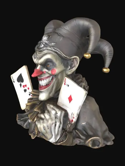 3D model for Create a dark and sinister 3D jester statue. The jester has a wide, unsettling grin, wears a traditional jester hat, and a ruffled collar. It holds two oversized playing cards: the ace of clubs and the ace of spades. The statue’s weathered surface is richly detailed with realistic textures, giving it a hyper-realistic look. The lighting is low and dramatic, with warm orange light illuminating the cards, highlighting the shadows and textures of the statue. The atmosphere is mysterious and eerie.