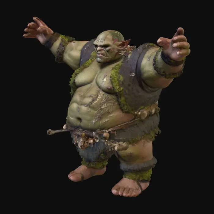 3D model for Higly detailed giant with influence of an orc, with a sturdy and evil look and a steadfast pose, he is a hunchback, his skin has lots of warts, there is moss scattered on the skin of his back, small mushrooms on top of his head and on top of his shoulders, scars all over the body, wears no armor, generate no ground or other assets then the descripted character, T-pose.